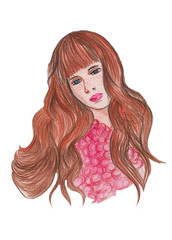 Hand drawing watercolor portrait of fashion girl
