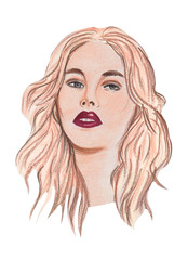 Hand drawing watercolor portrait of fashion girl
