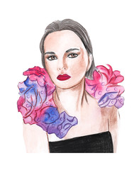 Hand drawing watercolor portrait of fashion girl