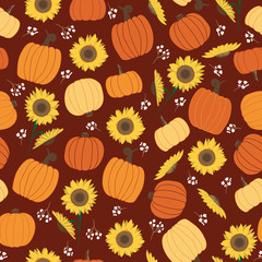 Vector seamless repeat pattern fall pumpkins and sunflowers onf red background. Perfect for tableware, thanksgiving, halloween paper products and more. Surface pattern design.