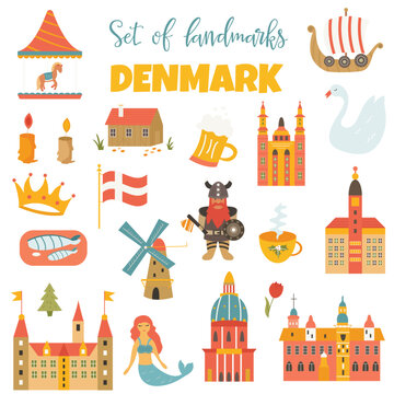 Set of danish landmark, famous places, symbols