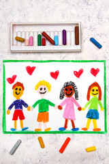 Colorful drawing: A group of happy international friends holds hands