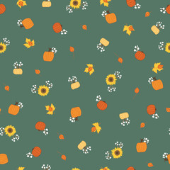 Vector seamless repeat pattern fall ditsie flowers sunflowers and pumpkins. Great for fabric, quilting, paper, and other textiles. Surface pattern design.
