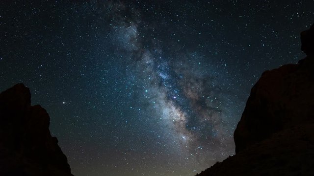 Milky Way Galaxy to Sunrise Rocky Cliff in Trona Pinnacles Mojave Desert California USA