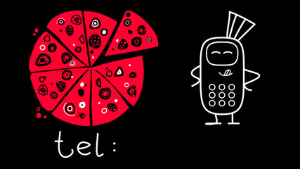 Pizza and phone on a black background. Cartoon style