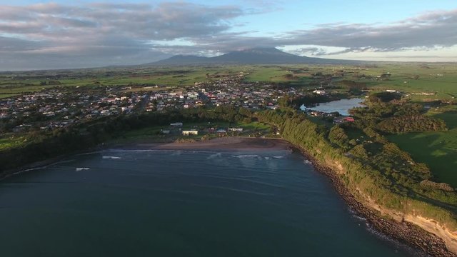 Aerial view of Opunake Beach in Taranaki, New Zealand