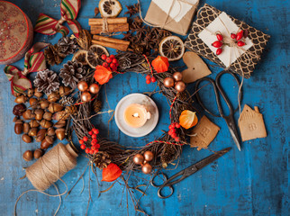 Christmas wreath with physalis and autumn berries, gifts/making christmas wreath