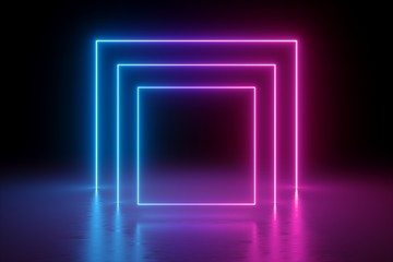 3d render, abstract background, square portal, glowing lines, tunnel, neon lights, virtual reality, arch, pink blue spectrum vibrant colors, laser show, blank space, frame isolated on black