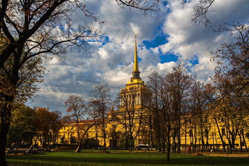The Admiralty building in the heart of St. Petersburg. View from the Alexander garden.