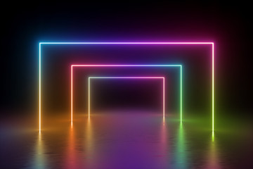 3d render, abstract background, square portal, glowing lines, tunnel, neon lights, virtual reality, arch, pink blue spectrum vibrant colors, laser show, blank space, frame isolated on black