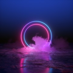 3d render, abstract background, round portal, pink blue neon lights, virtual reality, circles, energy source, glowing rings, blank space, frame, ultraviolet spectrum, laser show, smoke, fog, ground