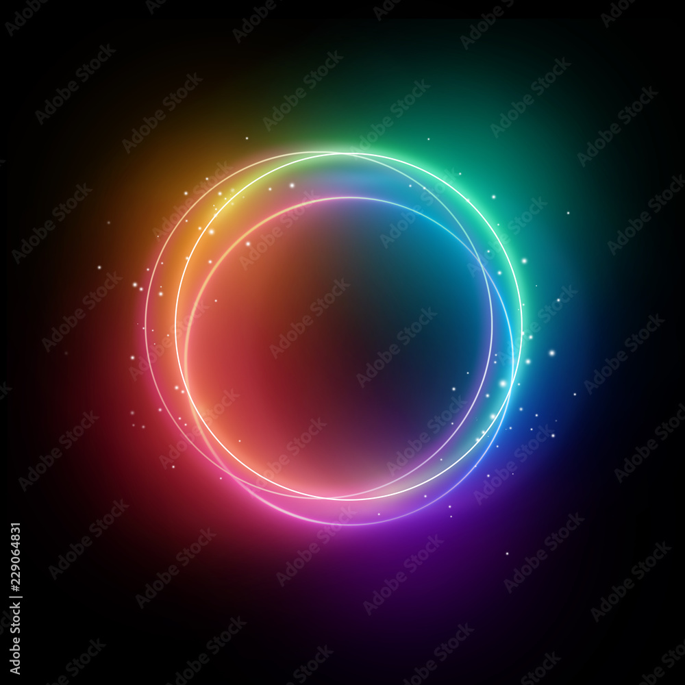 Wall mural 3d render, colorful neon lights, sparkling round frame, blank space for text, ultraviolet spectrum, 