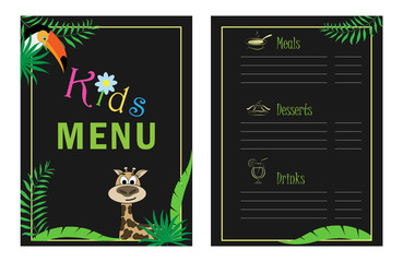 Children's menu template. Cafe menu design for kids. Menu for children with palm leaf koalla and parrot.