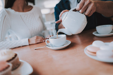 Teapot. Together in Cafe. Cheerful Girl.Drink Tea.