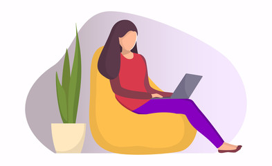 Fototapeta na wymiar Woman sitting in a bag chair with laptop. Girl with laptop doing remote work. Online freelance work concept illustration for web page or mobile app. Modern flat style vector.