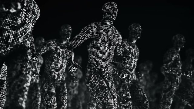 Abstract background with animation walking, running or standing human with surface from flickering binary digits of code. Animation of seamless loop. 
