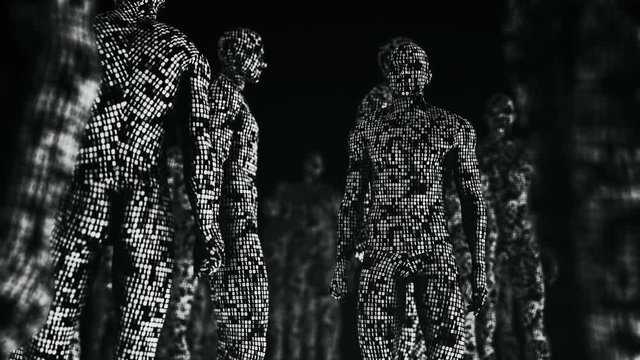 Abstract background with animation walking, running or standing human with surface from flickering binary digits of code. Animation of seamless loop. 