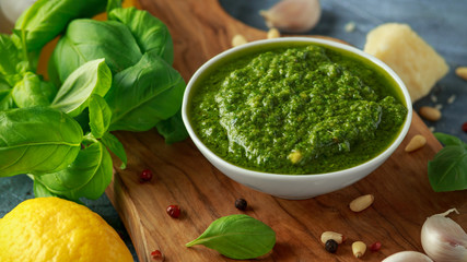 Green Basil Pesto with parmesan cheese, pine nuts, garlic and lemon.