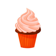 Vector cartoon style illustration of sweet cupcake. Delicious sweet dessert decorated with red creme. Muffin isolated on white background.