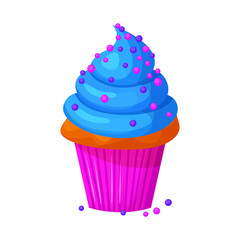 Vector cartoon style illustration of sweet cupcake. Delicious sweet dessert decorated with blue creme and sprinkles. Muffin isolated on white background.