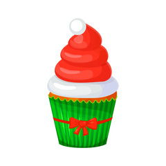 Sweet Christmas and New Year cupcake. Santa hat. Creative element for your design. Vector illustration.