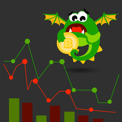 Cute green monster with bitcoin coin. Vector illustration. cartoon style