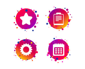 Calendar and Star favorite icons. Checklist and cogwheel gear sign symbols. Gradient circle buttons with star icons. Random dots design. Vector