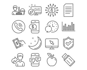 Set of Internet, Usb flash and Document icons. Cleaning service, Pay money and Update time signs. Phone payment, Phone messages and Bar diagram symbols. Apple, Moon with stars. Vector