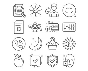 Set of Dj controller, Delete file and Check article icons. Survey check, Confirmed and Package location signs. Face declined, People talking and Smile symbols. Vector