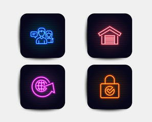 Neon glow lights. Set of People talking, Parking garage and World globe icons. Password encryption sign. Contact service, Car place, Around the world. Protection locker. Neon icons. People vector