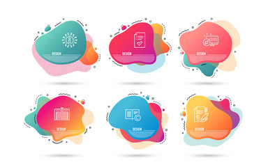 Liquid shapes. Set of Approve checklist, Copywriting and Copyright icons. Parking garage sign. Accepted message, Copyright signature, Copywriting book. Automatic door. Approve checklist vector.