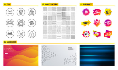 Seamless pattern. Shopping mall banners. Set of Timer, Ice tea and Queue icons. Copyright locker, Rank star and Cashback card signs. Mail correspondence, New mail and Lock symbols. Vector