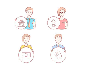 People hand drawn style. Set of Circus tent, Cash money and Education icons. Brainstorming sign. Attraction park, Banking currency, Human idea. Lightning bolt.  Character hold circle button. Vector