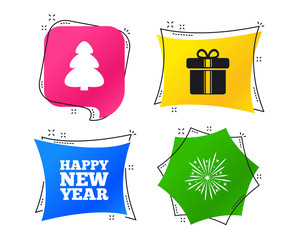 Happy new year icon. Christmas tree and gift box signs. Fireworks explosive symbol. Geometric colorful tags. Banners with flat icons. Trendy design. Vector