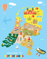Bright poster with different landmarks of Netherlands