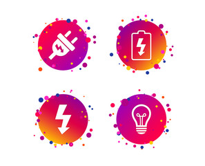 Electric plug icon. Lamp bulb and battery symbols. Low electricity and idea signs. Gradient circle buttons with icons. Random dots design. Vector