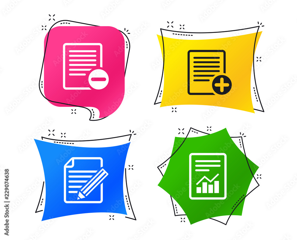Poster file document icons. document with chart or graph symbol. edit content with pencil sign. add file. g