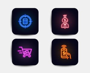 Neon glow lights. Set of Calculator target, Manager and Shopping cart icons. Phone payment sign. Audit, Work profit, Online buying. Mobile pay.  Neon icons. Glowing light banners. Vector