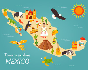 Map of Mexico with destinations, animals, landmarks