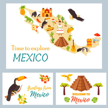 Map of Mexico with destinations, animals landmarks