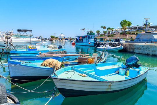 View of boats in port in Protaras, Cyprus