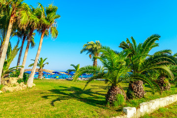 Fototapeta na wymiar A view of a azzure water and Nissi beach in Aiya Napa, Cyprus