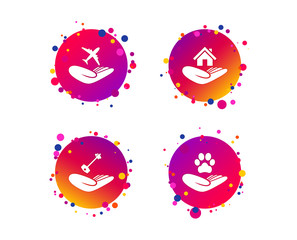 Helping hands icons. Shelter for dogs symbol. Home house or real estate and key signs. Flight trip insurance. Gradient circle buttons with icons. Random dots design. Vector