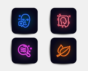 Neon glow lights. Set of Head, Skin condition and Face declined icons. Mint leaves sign. Profile messages, Search magnifier, Identification error. Mentha herbal.  Neon icons. Glowing light banners