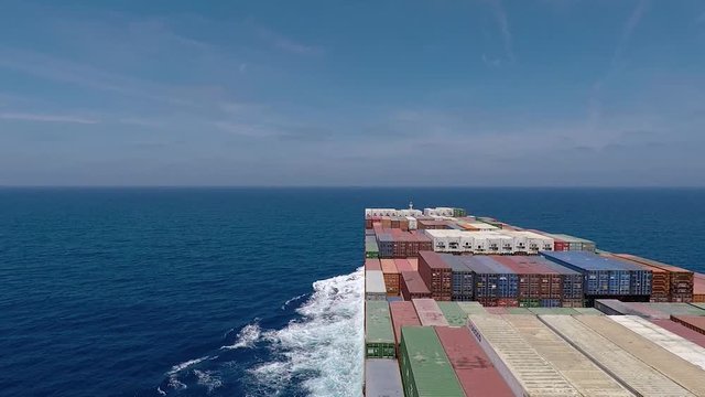 Onboard of huge Container ship during underway, left view