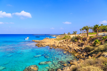 A view of a azzure water and Nissi beach in Aiya Napa, Cyprus