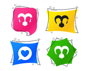 Couple love icon. Lesbian and Gay lovers signs. Romantic homosexual relationships. Speech bubble with heart symbol. Geometric colorful tags. Banners with flat icons. Trendy design. Vector