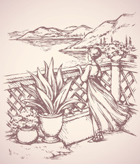 Woman on terrace. Vector drawing