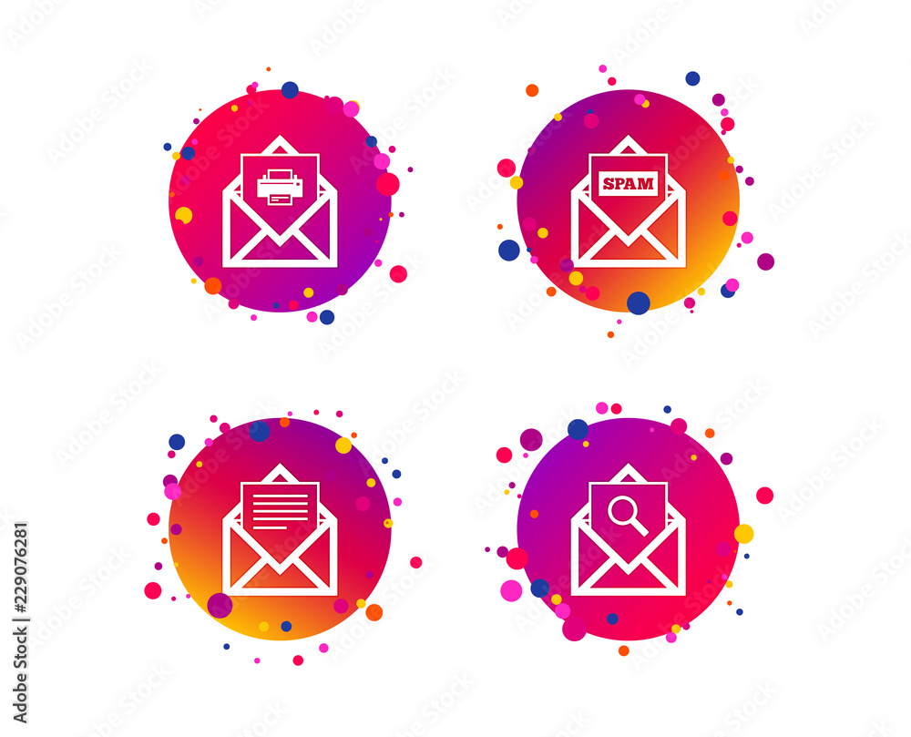 Poster mail envelope icons. print message document symbol. post office letter signs. spam mails and search 