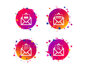 Mail envelope icons. Print message document symbol. Post office letter signs. Spam mails and search message icons. Gradient circle buttons with icons. Random dots design. Vector